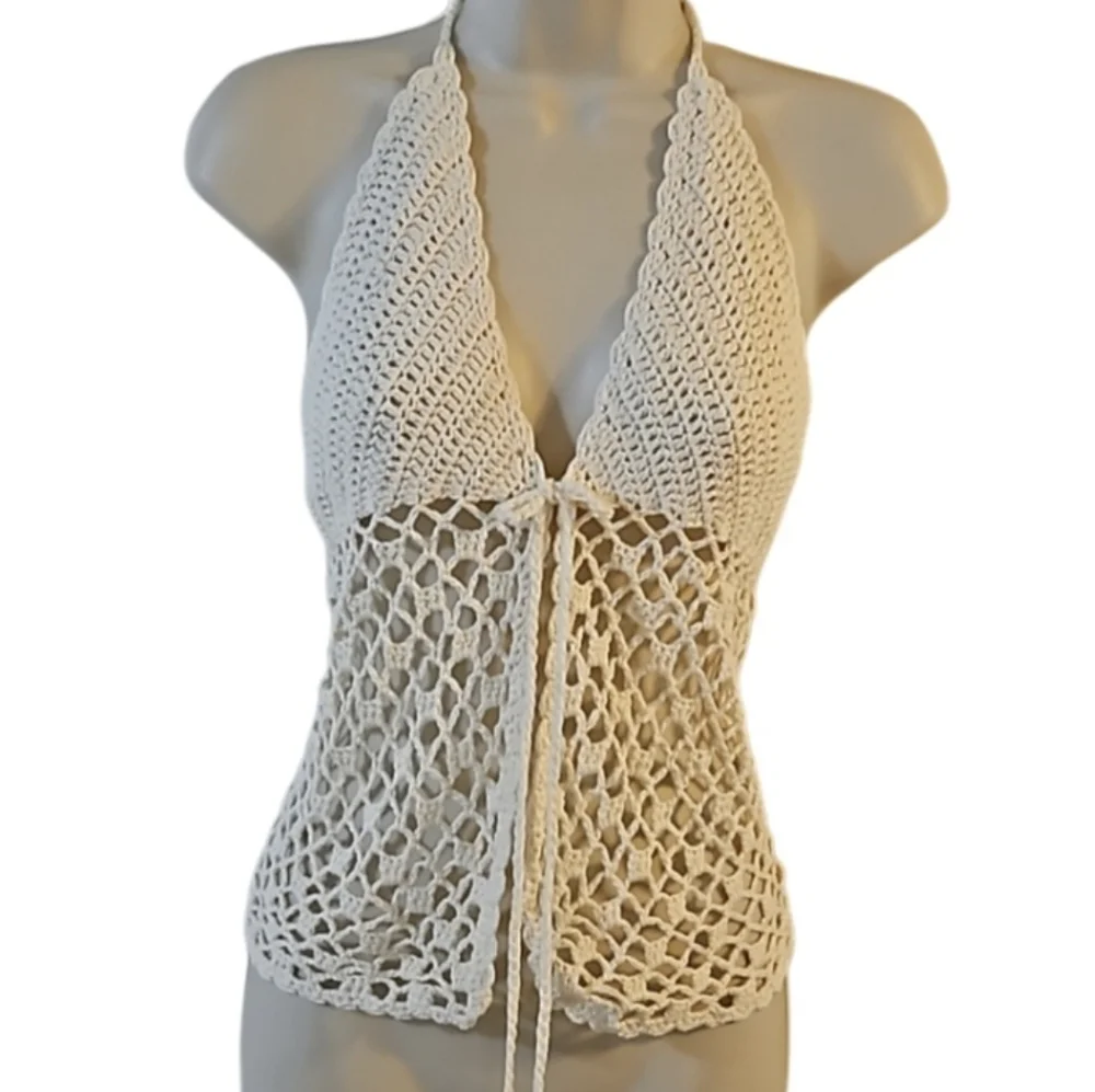 Hand Crafted Crochet Crop-Top Handmade Fishnet Swim Design Cream Summer Layer OS - Picture 4 of 17